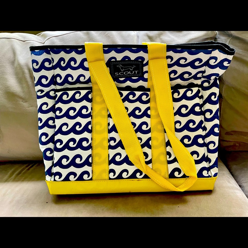 Scout Navy Wave Print Tote with Yellow Straps